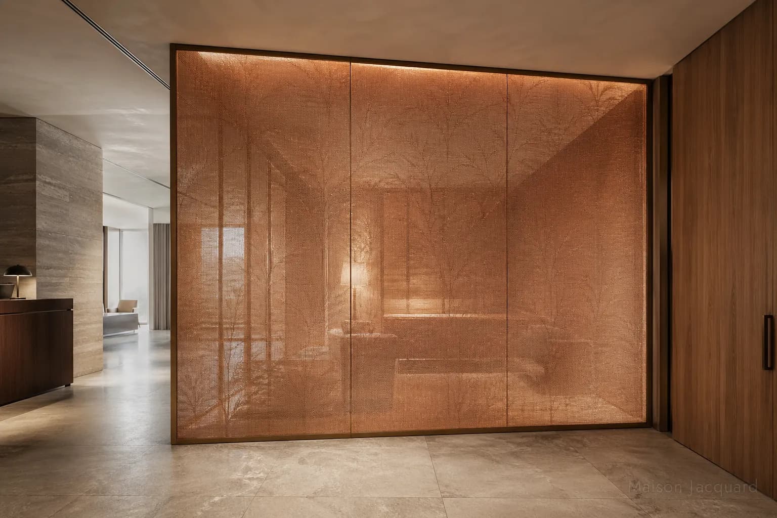 Woven copper laminated glass partition